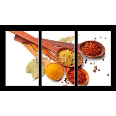 Obraz 3D třídílný - 90 x 50 cm - Spices and herbs. Curry, saffron, turmeric, cinnamon over white Koření a byliny. Kari, šafrán, kurkuma, skořice přes bílou