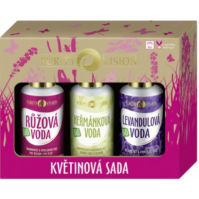 Purity Vision Květinová růžová voda s regeneračním účinkem 100 ml + jemná čisticí voda s heřmánkem 100 ml + zklidňující levandulová voda 100 ml dárková sada