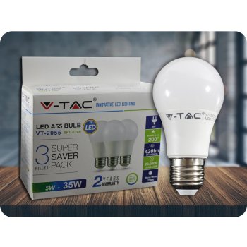 V-tac E27 LED ŽÁROVKY 5W 420LM A55 3 PACK Neutrální bílá