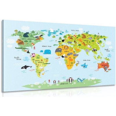 Obraz dětská mapa světa se zvířátky - 120x80 cm – Zboží Mobilmania