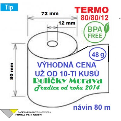 Termo kotouček 80/80/12 BPA 80 m (80mm x 80m) Cena od 55 ks včetně dopravy a dobírky Množství: 5 ks kotoučků ve fólii – Zboží Živě