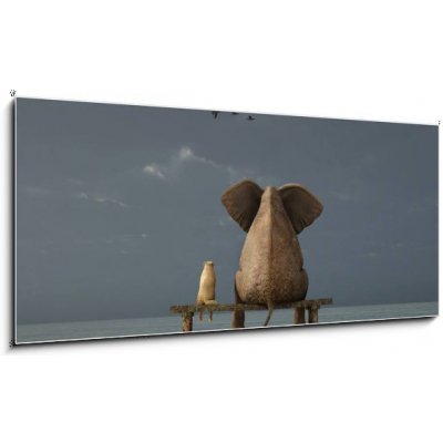 Skleněný obraz 1D panorama - 120 x 50 cm - elephant and dog sit on a beach slon a pes sedí na pláži – Zbozi.Blesk.cz