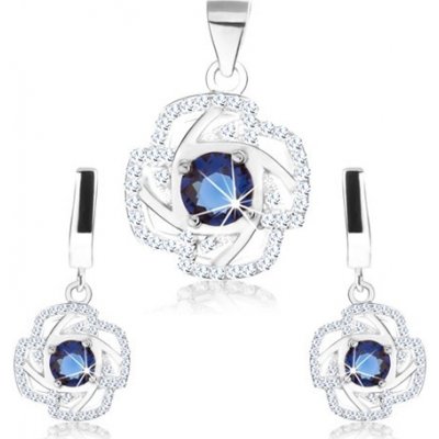 Šperky eshop set náušnice a přívěsek stříbro obrys květu modrý kulatý zirkon SP70.26