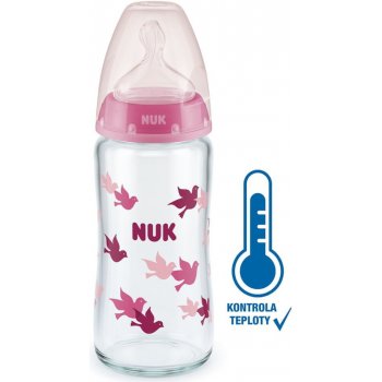 Nuk skleněná kojenecká láhev FC s kontrolou teploty růžová 240 ml
