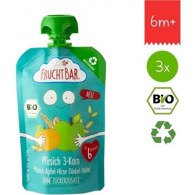 FruchtBar BIO 100% recykovatelná ovocná kapsička s jablkem, broskví, meruňkami a ovsem 3× 100 g