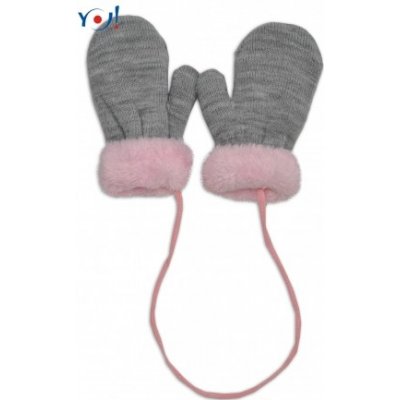 YO! Zimní kojenecké rukavičky s kožíškem - se šňůrkou YO - šedé/růžový kožíšek