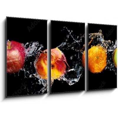 Obraz 3D třídílný - 90 x 50 cm - Set of fresh fruits in water splash isolated on black background Sada čerstvého ovoce v stříkající vodě izolované na černém pozadí – Zbozi.Blesk.cz