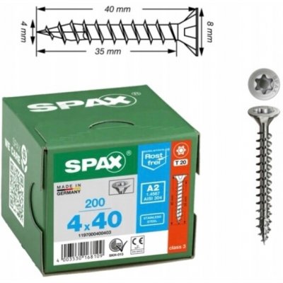 SPAX záp.hl.4x40 plný z.TX20 nerez A2 (200 ks) – Hledejceny.cz