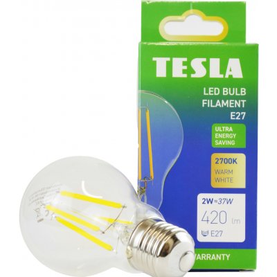 Tesla LED žárovka FILAMENT A class, E27, 2W, 420lm, 2700K teplá bílá, 360st, čirá, 230V, 25 000h – Hledejceny.cz
