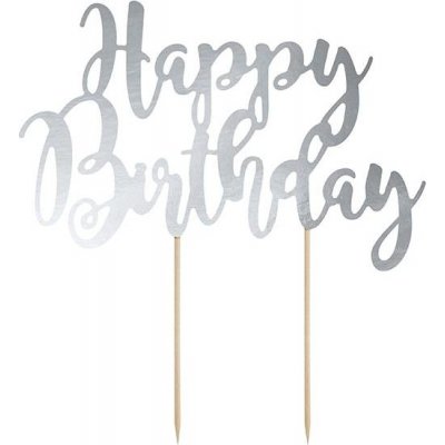 PartyDeco zapichovací dekorace na dort stříbrná Happy Birthday PartyDeco