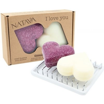 Natava Srdce šampon 95 g + balzám 85g + keramická mýdlenka dárková sada