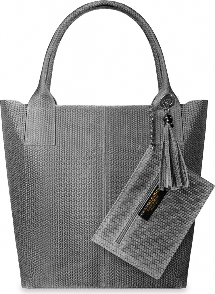 Italská kožená dámska kabelka velká protkaná taška shopper semiš přivěška boho šedý