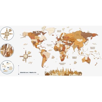 Nástěnná dřevěná mapa světa XXL - Explorer - 250 x 156 cm – Hledejceny.cz