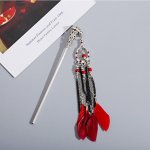 Lychee Jehlice do vlasů kovová s přívěškem peří - červeno stříbrná – Zboží Dáma