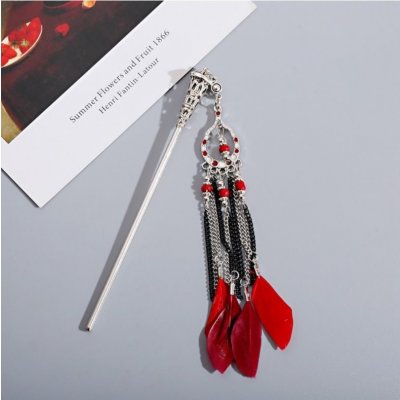 Lychee Jehlice do vlasů kovová s přívěškem peří - červeno stříbrná – Zboží Dáma