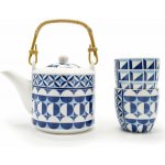 Easy Life Geometric Blue porcelánová čajová souprava konvice 0,6 l 2 šálky modro-bílá s nerezovým sítkem moderní design – Sleviste.cz