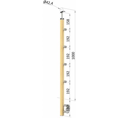 dřevěný sloup, boční kotvení, 4 řadový, průchozí, vnitřní, vrch pevný (ø 42mm), materiál: buk, broušený povrch s nátěrem BORI (bezbarvý) – Zboží Mobilmania