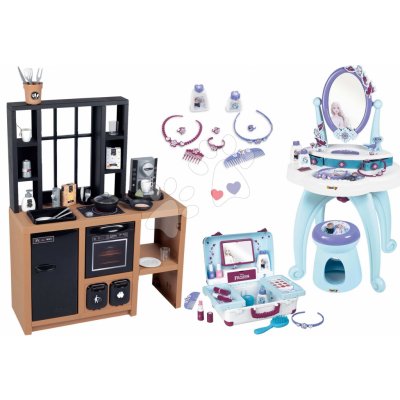 Smoby Set kuchyňka moderní Loft Industrial Kitchen a kosmetický stolek Frozen a kufřík se zrcátkem