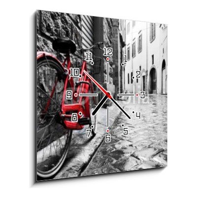 Obraz s hodinami 1D - 50 x 50 cm - Retro vintage red bike on cobblestone street in the old town. Color in black and white Retro vinobraní červené kolo na dlážděné ulici – Zbozi.Blesk.cz