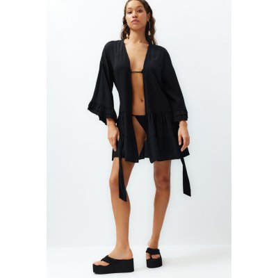 Trendyol Black Belted Mini Woven Frilly Kimono & Kaftan černá – Zboží Dáma