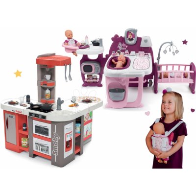 Smoby Set kuchyňka elektronická Tefal Studio 360° XXL Bubble mrkvová a domeček pro panenku s nosítkem Violette Baby Nurse Large Doll's Play Center