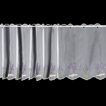 Rand voálová vitrážová záclona LAVENDA, vyšívaná fialová levandule, bílá výška 60cm (v metráži)