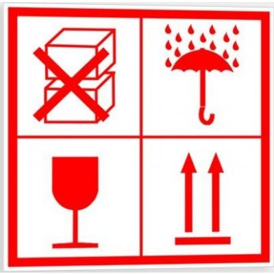 Traiva s.r.o Značení obalů. Křehké, nestohovat, chránit před deštěm. Verze: Samolepka 150 x 150 mm tl. 0.1 mm - kombinace - Kód: 08648 – Zboží Dáma