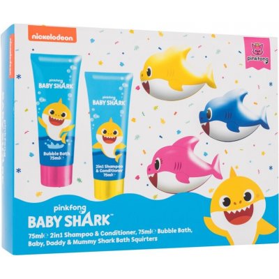 Pinkfong Baby Shark pěna do koupele Baby Shark 75 ml + 2in1 šampon a kondicionér Baby Shark 75 ml + hračka do koupele 3 ks dárková sada – Zboží Mobilmania