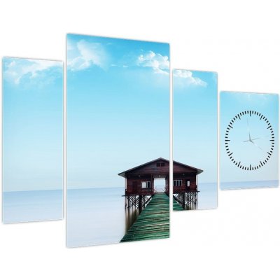 Obraz domu na moři (s hodinami), Čtyřdílný 110x75 cm s hodinami