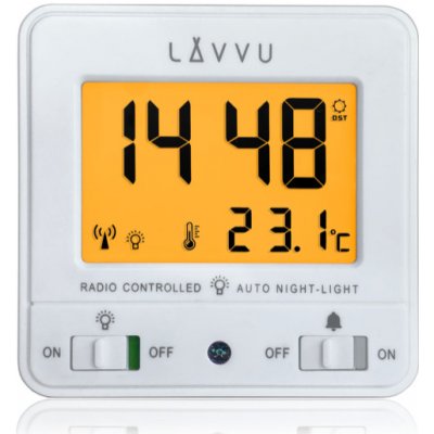 LAVVU Digitální bílý budík řízený rádiovým signálem NORDLYS bílý se světelným senzorem LAR0040 (automatické podsvícení po setmění)