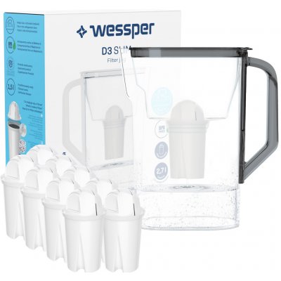 Wessper D3 Slim Aquaclassic 2,7l černý filtrační džbán do chladničky + 10x Wessper Aquaclassic filtrační patrona – Zbozi.Blesk.cz