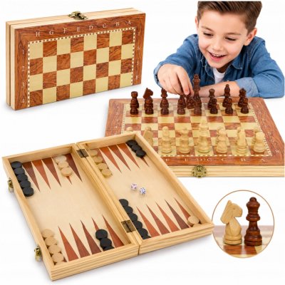 Klasické dřevěné šachy Desková hra 3v1 Vrhcáby Tryktrak 48x48 cm – Zboží Živě