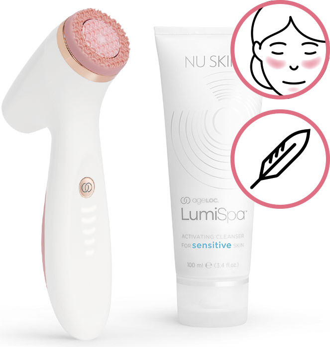 Nuskin ageLOC LumiSpa iO Rose Gold pro číštění pleti + čistící gel pro citlivou pleť 100 ml dárková sada