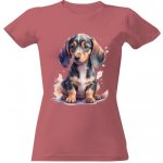 Tričko s potiskem malej jezevčík dámské Pudrově růžová – Zboží Dáma