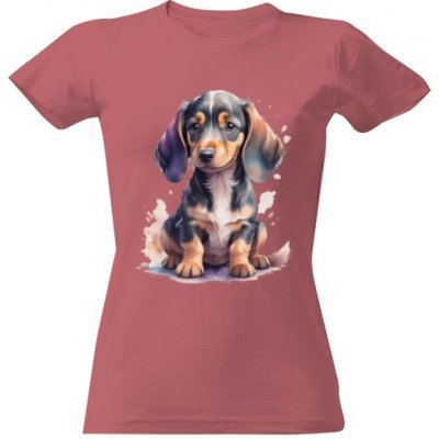 Tričko s potiskem malej jezevčík dámské Pudrově růžová – Zboží Dáma