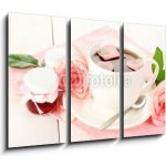 Obraz 3D třídílný - 105 x 70 cm - cup of tea with roses and jam on white wooden table šálek čaje s růží a džemem na bílém dřevěném stole – Hledejceny.cz
