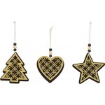 Dekorace závěsná - Vánoční motivy dřevěné 12 cm černo-zlaté, mix 1ks