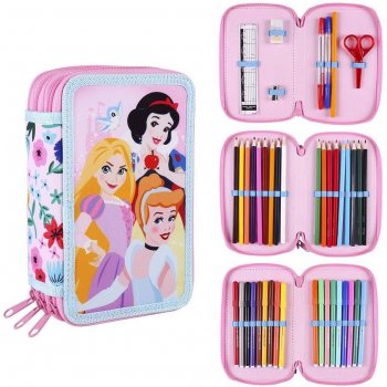 CurePink trojdílné pouzdro Disney Princess Sněhurka Popelka a Locika 42 položek 20 x 12 x 7 cm