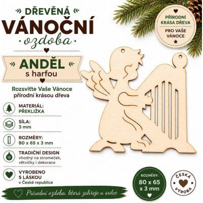 ADVIPO Dřevěná vánoční ozdoba Anděl s harfou 80 × 65 mm – Hledejceny.cz