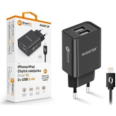 Chytrá síťová nabíječka ALIGATOR 2.4A, 2xUSB, smart IC, černá, kabel pro iPhone/iPad 2A – Hledejceny.cz