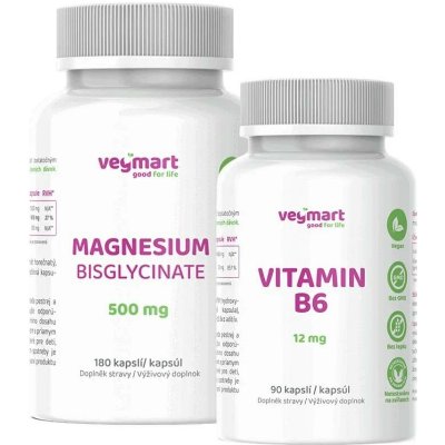 Vegmart Vegmart Hořčík bisglycinát 500 mg, 180 kapslí + Vegmart Vitamín B6 12 mg 90 kapslí – Hledejceny.cz