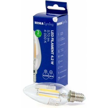 Tesla LED žárovka FILAMENT RETRO svíčka E14, 4,2W, 230V, 570lm, 25 000h, 4000K denní bílá, 360stči