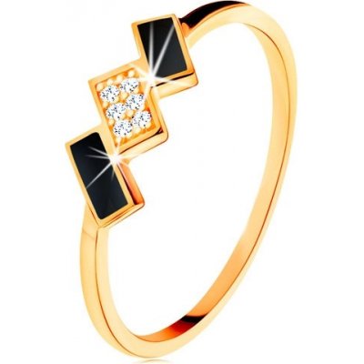 Šperky Eshop Zlatý prsten šikmé obdélníky zdobené černou glazurou a zirkony S3GG132.08 – Zboží Mobilmania