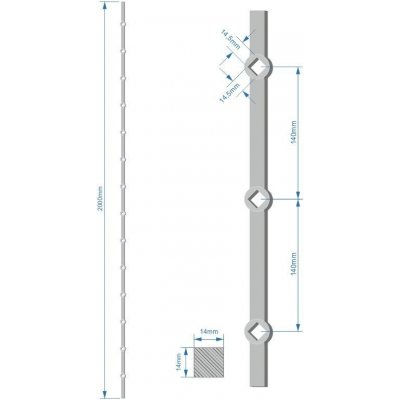 Probíjená tyč délky 2000 mm, opískovaná, profil 14 x 14 mm, rozteč děr 140 mm, oko 14,5 x 14,5 mm, na tyči je 14 děr