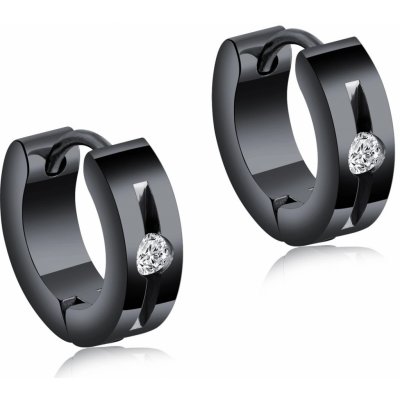 Šperky eshop kulaté ocelové náušnice v černé barvě čirý zirkon podlouhlý výřez puzetové zapínání SP78.20