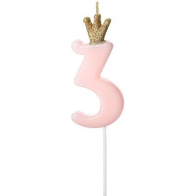 PartyDeco svíčka malá růžová s korunkou číslo 3 – Zboží Mobilmania