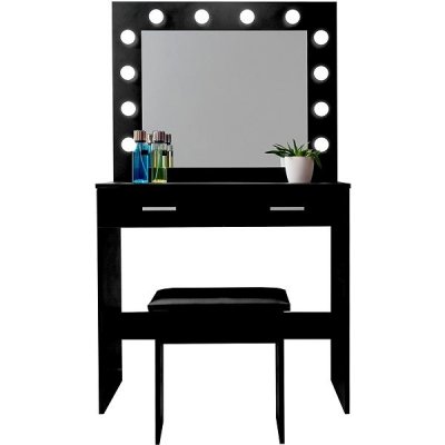 Aga Toaletní stolek MRDT11 se zrcadlem a osvětlením taburet matný černý – Zboží Dáma