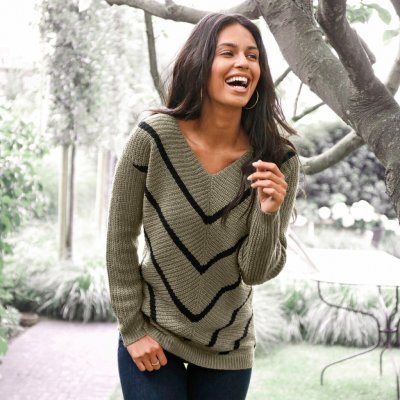 Blancheporte Pulovr s pruhy a výstřihem do "V" hladký pletený vzor mohérový na dotek khaki černá – Zboží Mobilmania