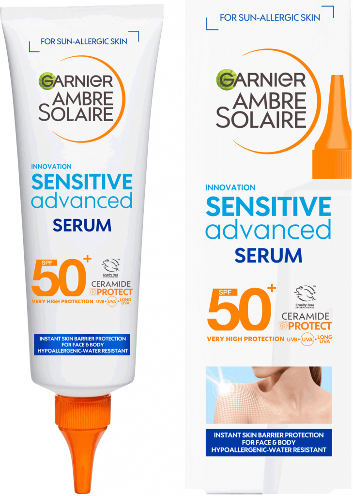 Garnier Ambre Solaire Sensitive Advanced Serum SPF50+ unisex opalovací ochranné sérum na tělo i obličej 125 ml