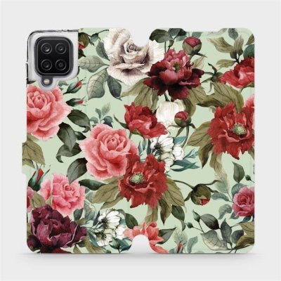 Pouzdro Mobiwear parádní flip Samsung Galaxy A12 - MD06P Růže a květy na světle zeleném pozadí – Zboží Mobilmania